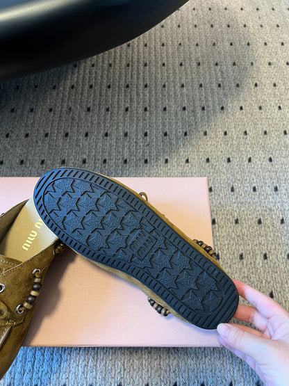 MIUMIU 26S MULES IN OLIVE BROWN SUEDE
