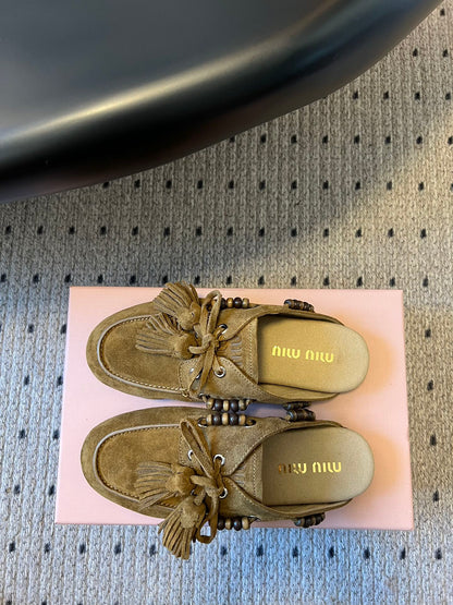 MIUMIU 26S MULES IN OLIVE BROWN SUEDE