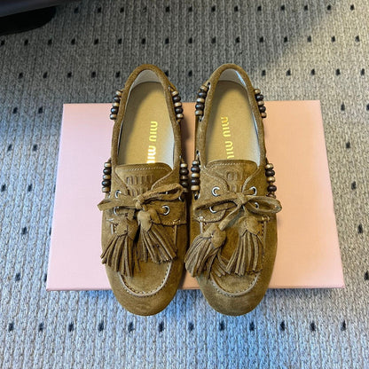 MIUMIU 26S TASSEL LOAFERS IN OLIVE BROWN SUEDE