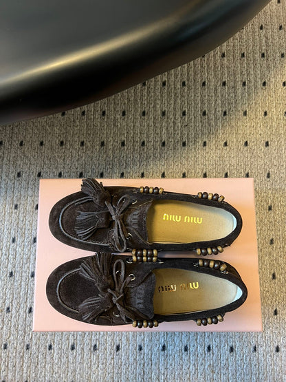MIUMIU 26S TASSEL LOAFERS IN DARK BROWN SUEDE