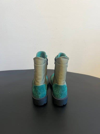 CELINE 26S LACE-UP ANKLE BOOTS IN TEAL GREEN SUEDE AND GRAYISH GREEN LAMBSKIN