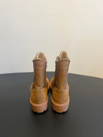 CELINE 26S LACE-UP ANKLE BOOTS IN BROWN SUEDE AND CANVAS