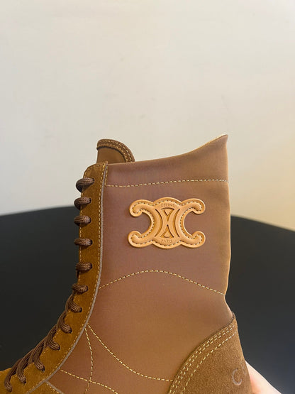 CELINE 26S LACE-UP ANKLE BOOTS IN BROWN SUEDE AND CANVAS