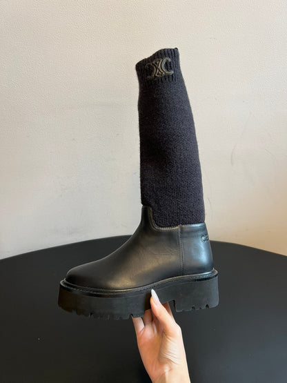 CELINE 26S HIGH-TOP BOOTS 60 MM IN BLACK CALFSKIN AND WOOL