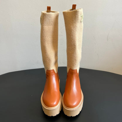 CELINE 26S HIGH-TOP BOOTS 60 MM IN ORANGE BROWN CALFSKIN AND BEIGE WOOL