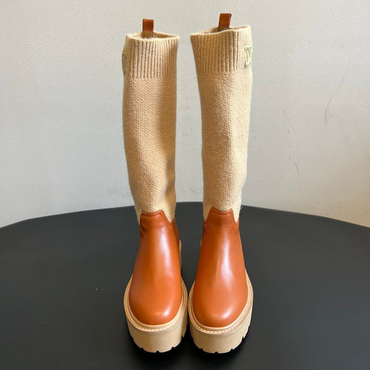 CELINE 26S HIGH-TOP BOOTS 60 MM IN ORANGE BROWN CALFSKIN AND BEIGE WOOL