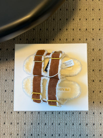 PRADA 25S TWO-STRAP SANDALS IN BROWN SUEDE AND WHITE SHEARLING WITH GOLD HARDWARE