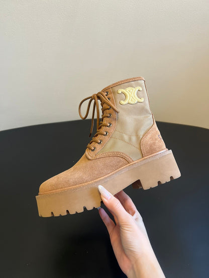 CELINE 26S MARGARET COMBAT BOOT 45 MM IN SAND BEIGE CANVAS AND SUEDE