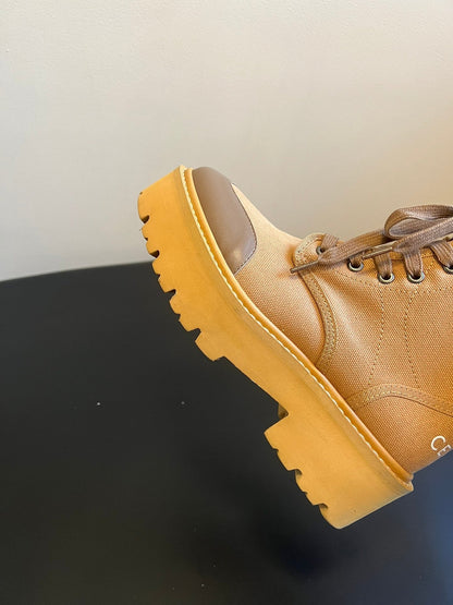 CELINE 26S BULKY LACE-UP BOOTS 45 MM IN SAND BEIGE CANVAS AND CALFSKIN