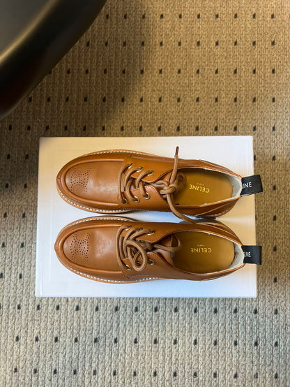 CELINE 26S LACE-UP LOAFERS IN BROWN CALFSKIN