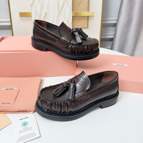 MIUMIU 26S TASSEL LOAFERS IN DARK BROWN CALFSKIN