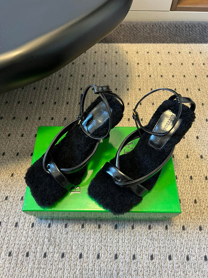 BOTTEGA VENETA 26S SQUARE-TOE HIGH-HEEL SANDALS 90 MM IN BLACK LAMBSKIN AND WOOL