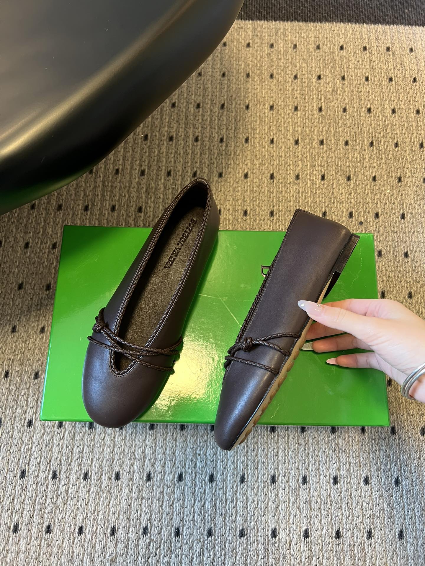 BOTTEGA VENETA 26S ESPADRILLE BALLET FLATS IN DARK BROWN LAMBSKIN