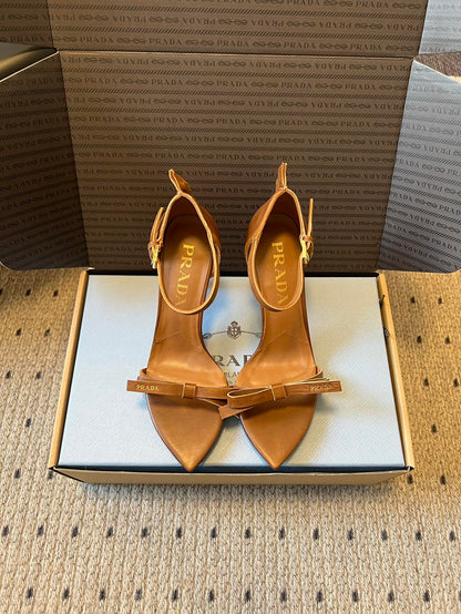 PRADA 26S POINTED-TOE STRAPPY HIGH-HEEL SANDALS 80MM IN CARAMEL BROWN CALFSKIN