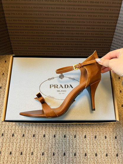 PRADA 26S POINTED-TOE STRAPPY HIGH-HEEL SANDALS 80MM IN CARAMEL BROWN CALFSKIN