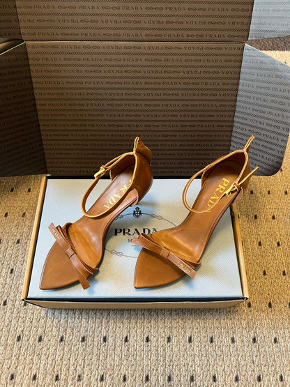 PRADA 26S POINTED-TOE STRAPPY HIGH-HEEL SANDALS 80MM IN CARAMEL BROWN CALFSKIN