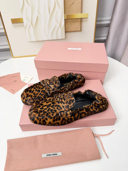 MIUMIU 26S RUCHES LOAFERS IN LEOPARD PRINT PONY HAIR