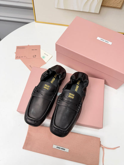 MIUMIU 26S RUCHES LOAFERS IN BLACK LAMBSKIN