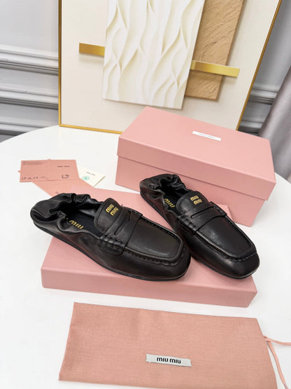MIUMIU 26S RUCHES LOAFERS IN BLACK LAMBSKIN