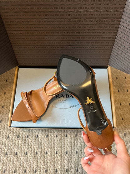 PRADA 26S POINTED-TOE STRAPPY HIGH-HEEL SANDALS 60MM IN CARAMEL BROWN CALFSKIN