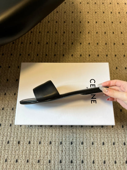 CELINE 26S FLAT SLIDES IN BLACK LAMBSKIN