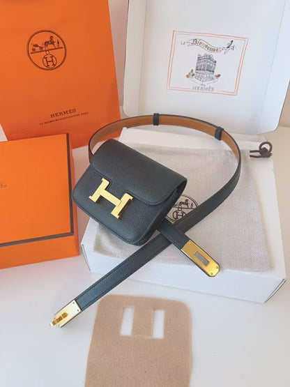 HM KELLY CONSTANCE SLIM WALLET BELT IN BLACK CALFSKIN GOLD HARDWARE