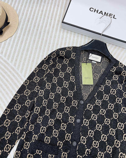 GG V-Neck Long Sleeve Cardigan Black Beige Monogram