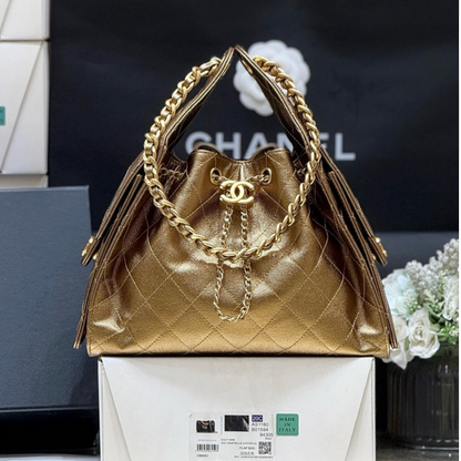 CHANEL 25 MEDIUM HANDBAG 30 IN GOLDEN BROWN CALFSKIN WITH GOLD HARDWARE