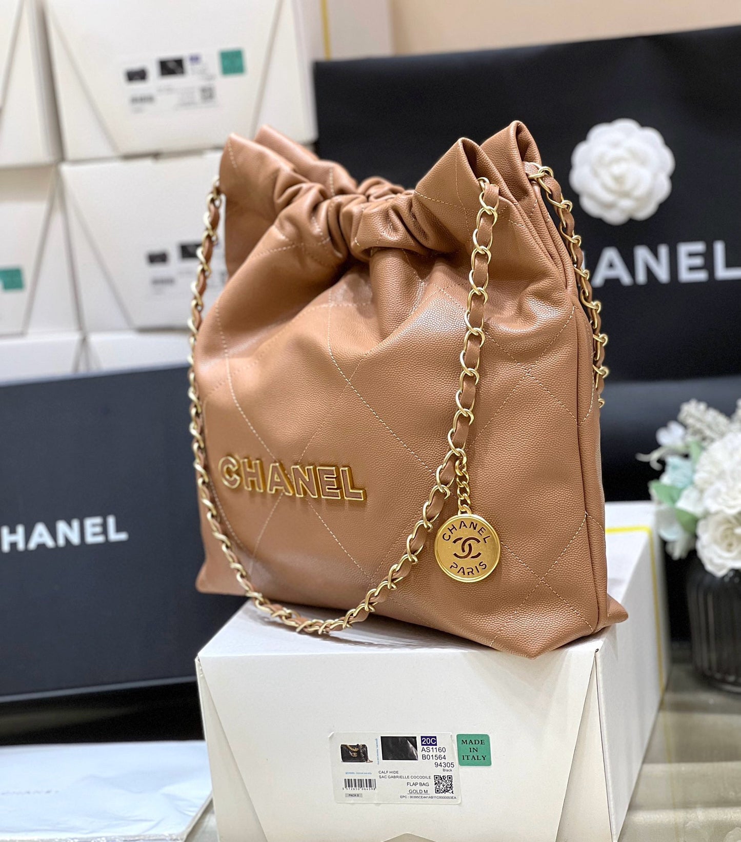 GABRIELLE  HOBO BAG 35 IN CAMEL BROWN GRAINED CALFSKIN