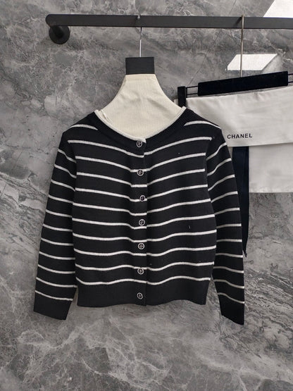 CC NAUTICAL CARDIGAN IN BLACK AND WHITE COTTON KNIT WITH STRIPED DESIGN WITH CC BUTTONS