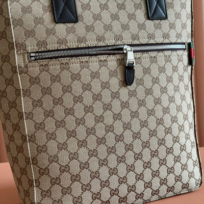 GG OPHIDIA FRONT ZIP POCKET TOTE BAG 36 IN BEIGE AND BROWN CANVAS