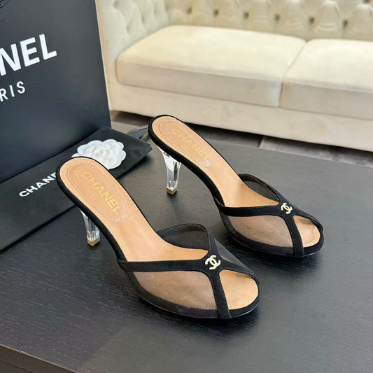 CC TRANSPARENT HIGH HEELS IN BLACK MESH