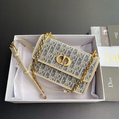 CD OBLIQUE SHOULDER BAG 18 IN BLUE AND BEIGE FABRIC GOLD-TONE CHAIN