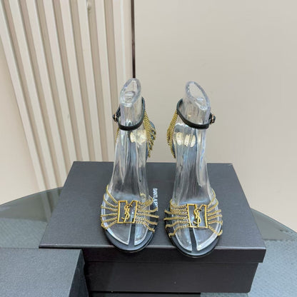 YSL HIGH HEEL CHAIN SANDALS IN BLACK CALFSKIN AND METAL