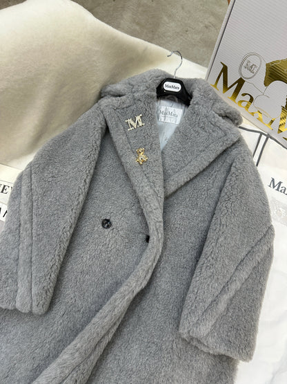 MAX MARA LONG COAT IN LIGHT GREY WOOL WITH CRYSTAL CHARM