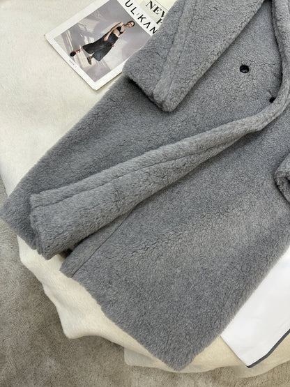 MAX MARA LONG COAT IN LIGHT GREY WOOL WITH CRYSTAL CHARM