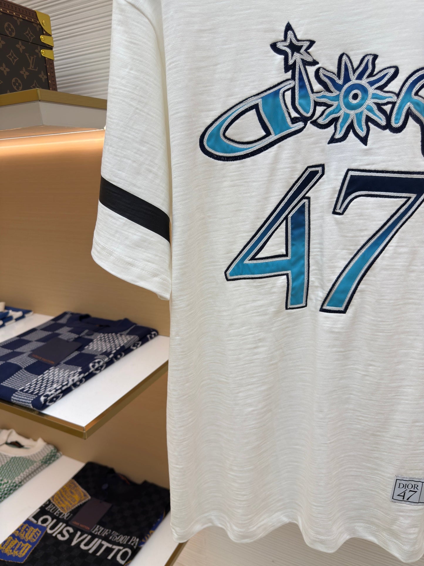 DIOR LEWIS HAMILTON T-SHIRT IN WHITE AND BLUE GRAPHIC LOGO