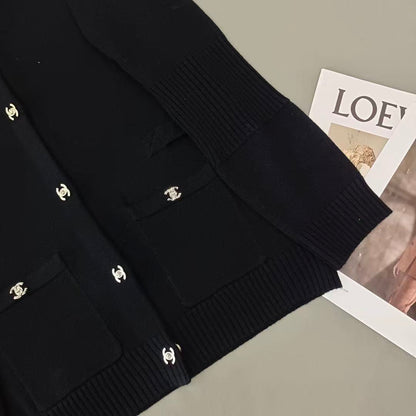 Chanel Black Cardigan In Wool Mix Velvet