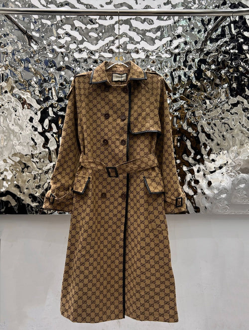 GG-JACQUARD COTTON-BLEND CANVAS TRENCH COAT WITH LEATHER TRIM