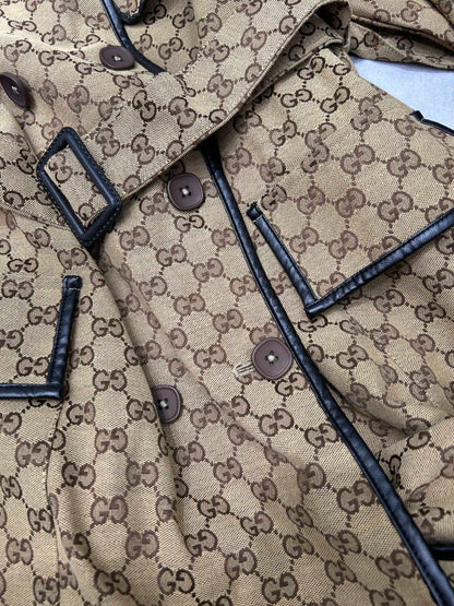 GG-JACQUARD COTTON-BLEND CANVAS TRENCH COAT WITH LEATHER TRIM