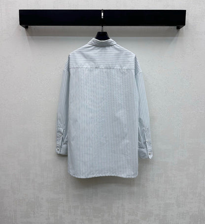 CHANEL STRIPED EMBROIDERED LOGO SHIRT WITH VERTICAL STRIPES