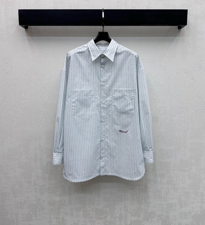 CHANEL STRIPED EMBROIDERED LOGO SHIRT WITH VERTICAL STRIPES