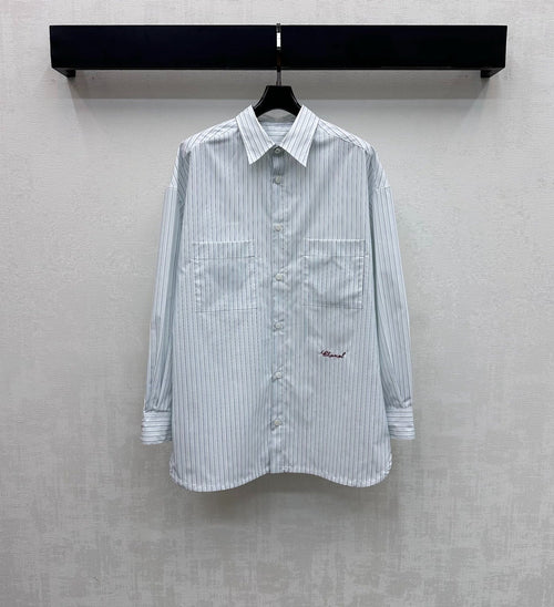 CHANEL STRIPED EMBROIDERED LOGO SHIRT WITH VERTICAL STRIPES
