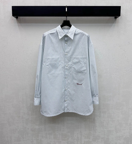 CHANEL STRIPED EMBROIDERED LOGO SHIRT WITH VERTICAL STRIPES