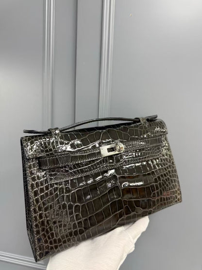 HM KELLY MINI 22 IN BROWN AMERICAN ALLIGATOR SILVER BUCKLE