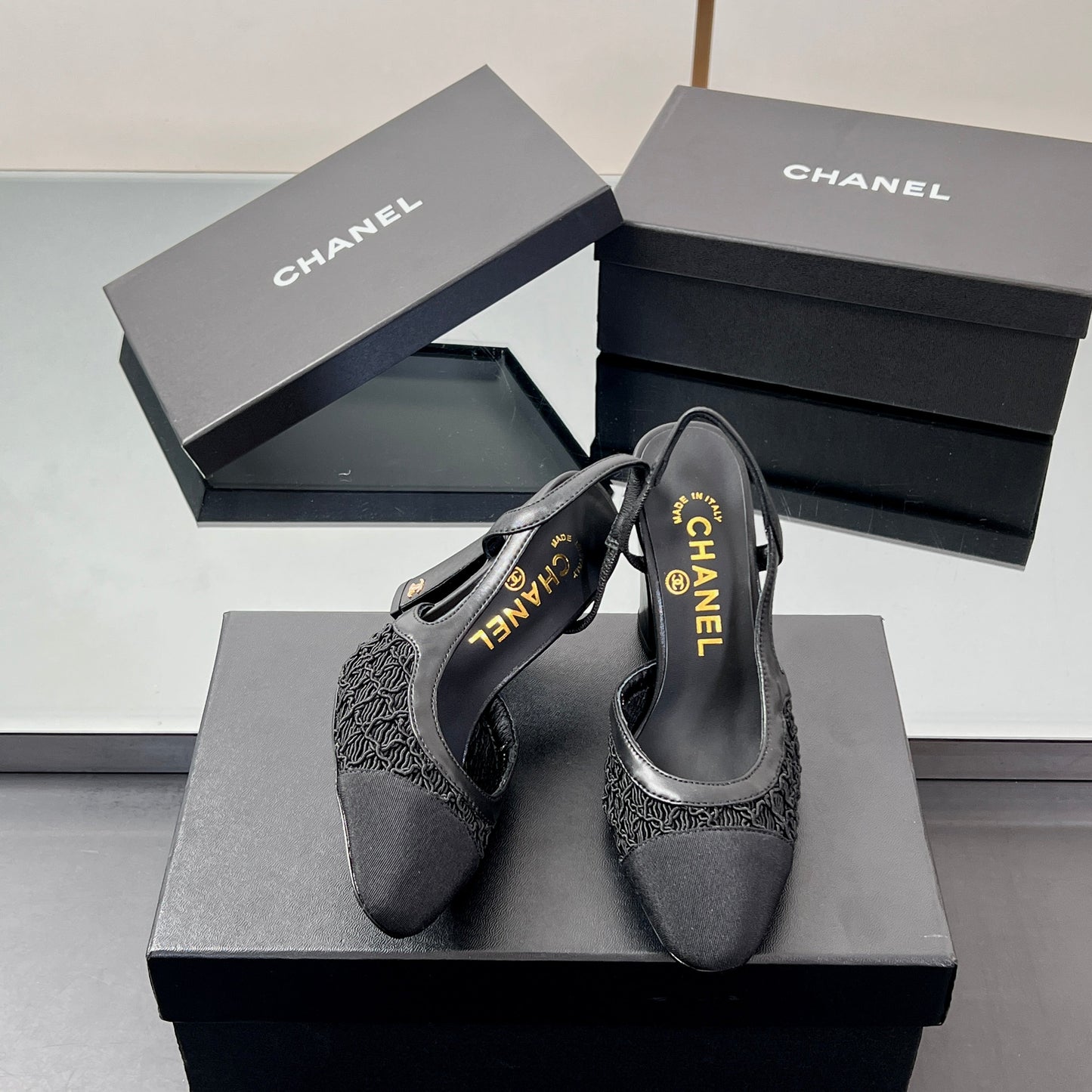 CC SLINGBACK 25S 95 MM IN BLACK FABRIC AND LAMBSKIN