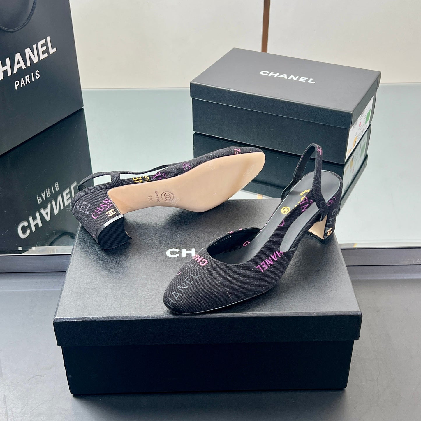 CC SLINGBACK 25S 65 MM IN BLACK FABRIC PRINT BRAND LOGO