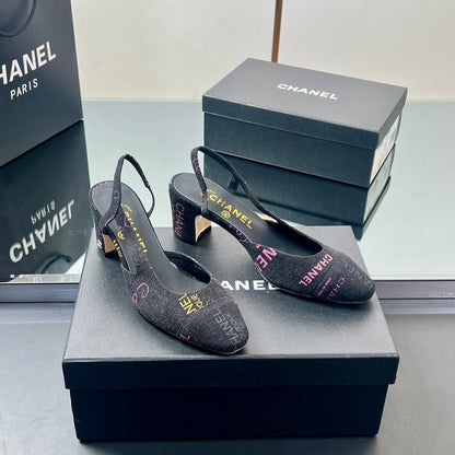 CC SLINGBACK 25S 65 MM IN BLACK FABRIC PRINT BRAND LOGO