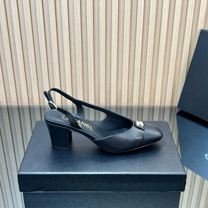 CHANEL 25S SLINGBACK SHOE LOGO 65MM IN BLACK CALFSKIN GOLD HARDWRE