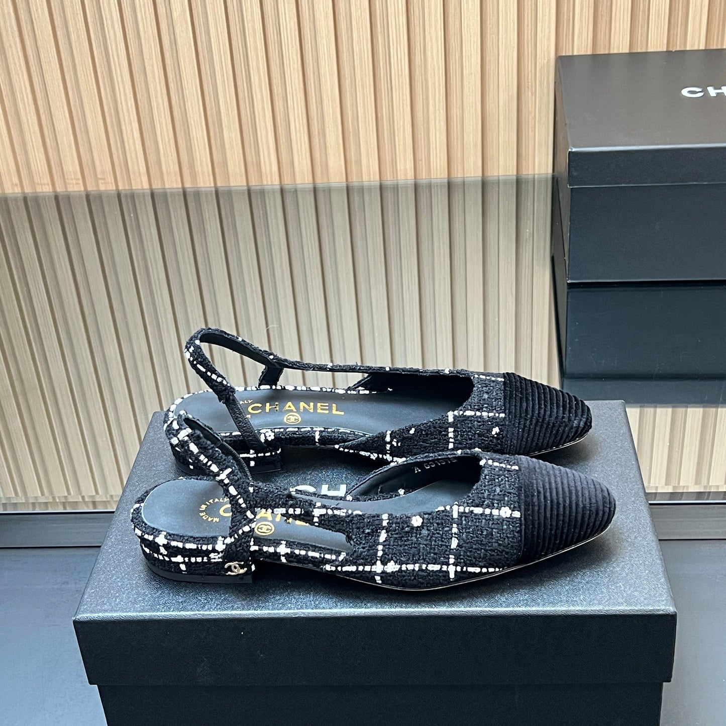 CHANEL 25S SLINGBACK FLATS SHOES IN BLACK TWEED